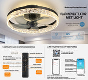 Ventilator Lamp - Plafondventilator Zwart - Smart Lamp - Met Dimmer - 6 Standen Ventilator - Keuken Lamp - Woonkamerlamp - Moderne lamp
