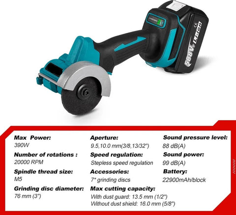 Elektrische Haakse Slijper - Draadloze Cirkelzagen - Snijmachine - Power Tool Haakse Slijper - Stofschild - 5 Slijpschijven - 2 Zaagbladen - Inbussleutel - Led Licht - 2 Accu's - Accu Lader - Handleiding - Lichtgewicht - 18V - 76MM