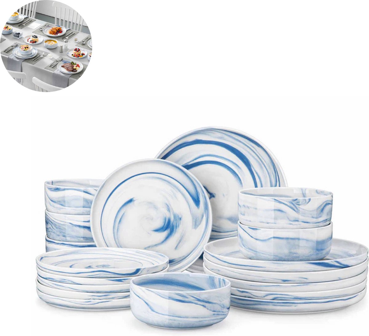 Luxe Serviesset – 18 delig – 6 persoons – Porselein - Bordenset – Dinner platen – Dessertborden - Kommen - Wit