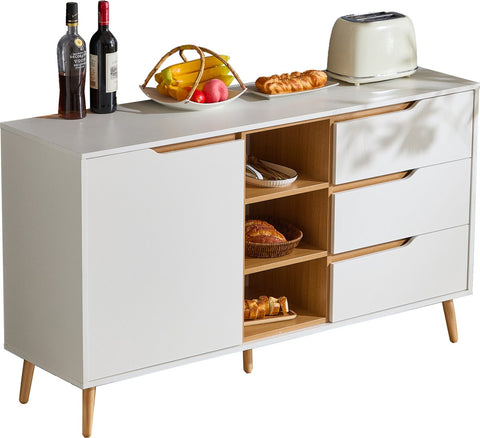 Moderne witte dressoirkast – 140x40x80,5 cm – Opbergkast met 3 lades, open compartimenten en planken – Dressoir met kantelbeveiliging – Voor woonkamer, hal of slaapkamer