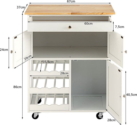 Keukentrolley, serveerwagen keukeneiland trolley met rubberen houten blad, lade, 3 rijen wijnrekken, 2 kasten, rollend opslag trolley kar, keukenwagen opbergwagen ideaal voor restaurant, keuken, bar te gebruiken (Wit)