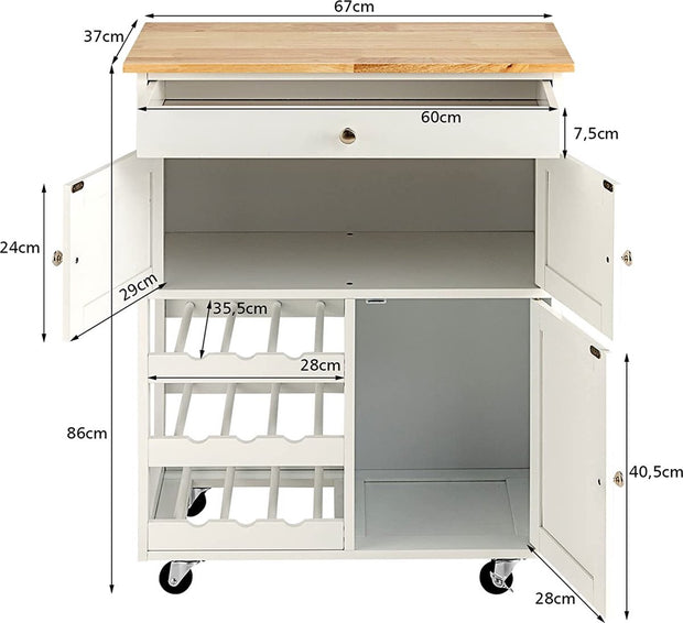 Keukentrolley, serveerwagen keukeneiland trolley met rubberen houten blad, lade, 3 rijen wijnrekken, 2 kasten, rollend opslag trolley kar, keukenwagen opbergwagen ideaal voor restaurant, keuken, bar te gebruiken (Wit)