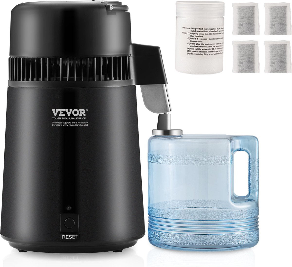 Waterdistilleerapparaat-1 L/uur-4L -  Distilleerapparaat roestvrij staal - 750W - Distilleerapparaat met één - Temperatuurdisplay - Reinigingspoeder voor - Glazen karaf 3 - Koolstofpakketten - Zwart