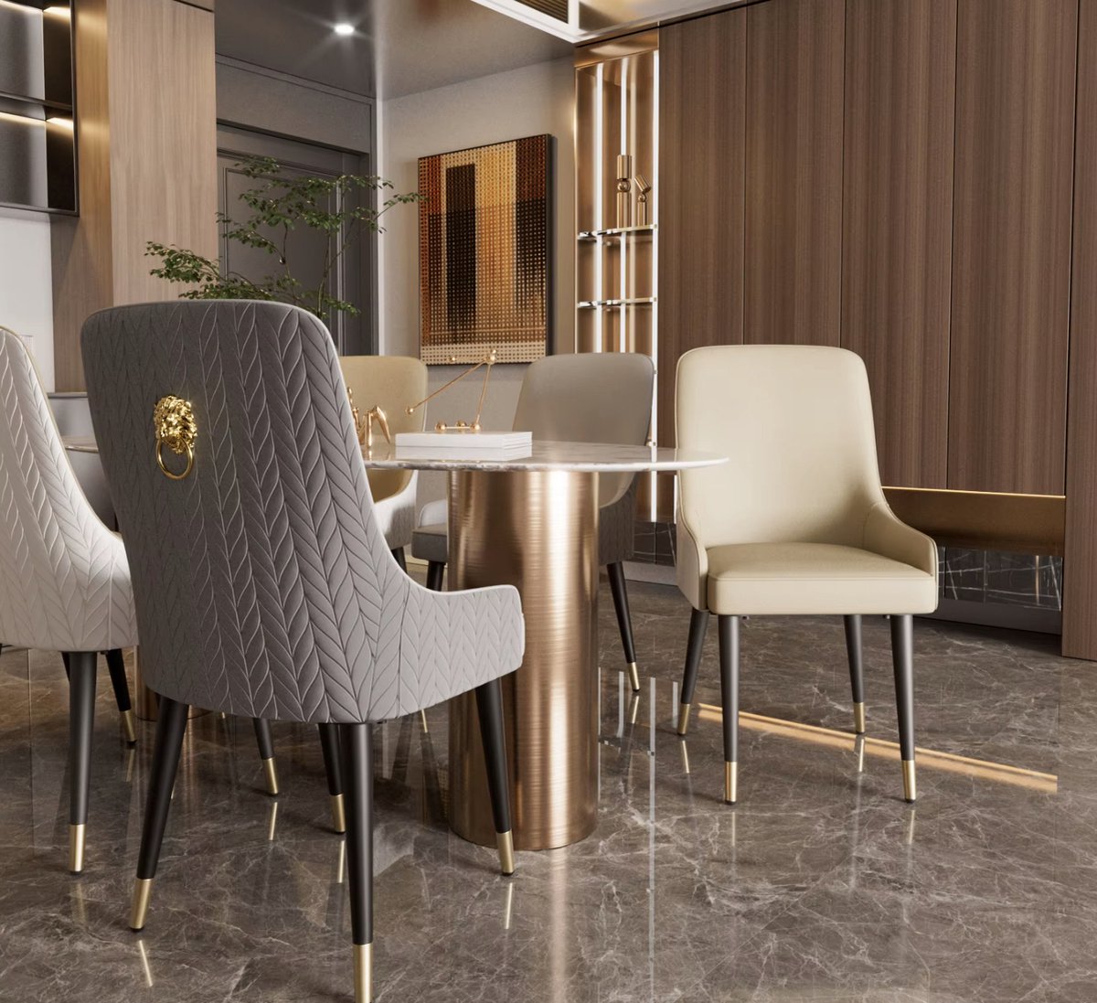Eetkamer Stoelen - Eettafel stoelen - PU Leder - 2 stuks - Gouden leeuwen trekring - Grijs/Wit - Zwarte Poot