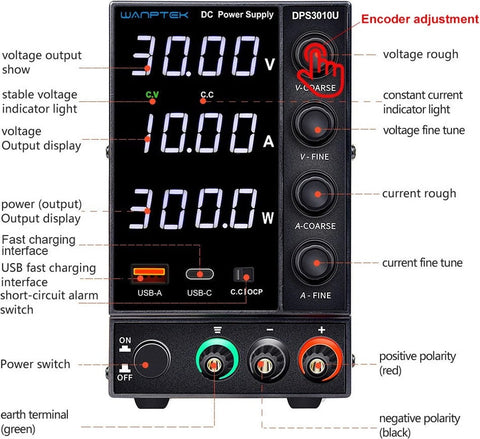 Wanptek - Voeding - Omvormer - Regelbare spanningsregelaar 30V - 10 - 300W - Wit display - Voor telefoonreparatie - Gereguleerde labtafel - DC-voedingen - Zwart