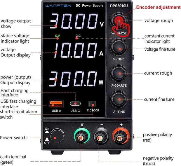 Wanptek - Voeding - Omvormer - Regelbare spanningsregelaar 30V - 10 - 300W - Wit display - Voor telefoonreparatie - Gereguleerde labtafel - DC-voedingen - Zwart