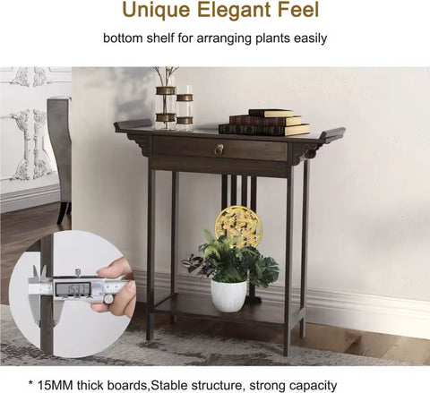 Side table - Hall table - Hall table - Antique look - Dark wood - Bamboo - With drawer - Gold accents - Dark brown