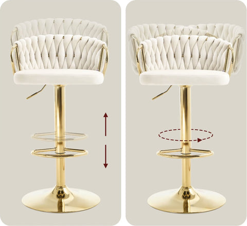 Luxury bar stool - Velvet Bar Stool - Set of 2 - Braided - Height adjustable - 360 degree rotatable - Velvet - Gold leg - Cream White