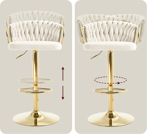 Luxury bar stool - Velvet Bar Stool - Set of 2 - Braided - Height adjustable - 360 degree rotatable - Velvet - Gold leg - Cream White