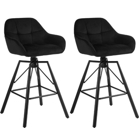 Set of 2 Luxury Velvet Bar Stools - 360° Rotatability - Ergonomic Backrest and Footrest - High - Black