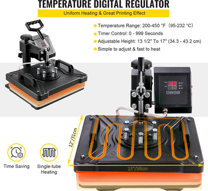 5 In 1 Hittepers - Warmte Persmachine Transferpers - Met 29 x 38 cm Hitteplaat - Digitale Praktische Controller - Duurzaam en Betrouwbaar Handvat - Voor Het Aanbrengen Van Letters - Cijfers En Patronen Op Petten - T-Shirts - Kopjes - Borden - Zwart