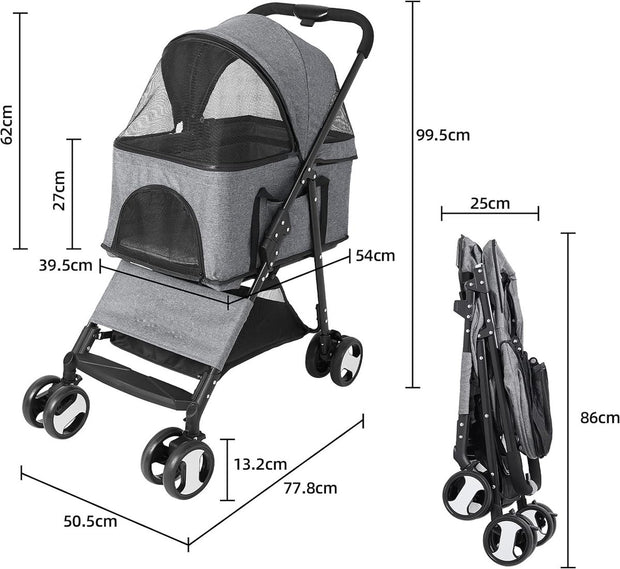 Vouwbare Hondenbuggy - Opvouwbare Dierenwage - voor Honden en Katten - 4-Wiel Dierentransport - Geschikt - voor Huisdieren tot 20 kg - Inclusief Afneembare Dekentje - en Regenhoes - Perfect Cadeau - voor Huisdiereigenaren