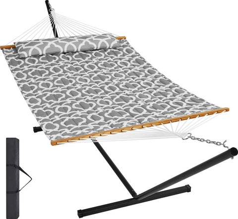 Dubbele Hangmat - Draagvermogen van 218 kg - met Stalen Standaard van 3,5 meter - T-vormige Standaard - Draagbare Draagtas en Kussen - Buitenhangmat - 1,4 x 1,9 m - Grijs en Wit Patroon