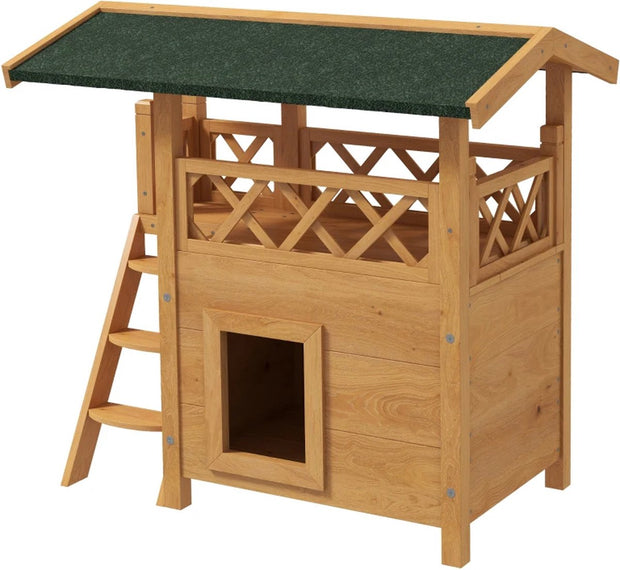 Kattenhuis - voor Buiten – Duurzaam Houten Hok - met 2 Verdiepingen – Ruime Kooi - Bench en Ren – Weerbestendig en Comfortabel – Bruin