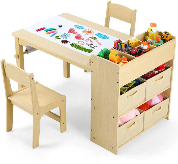 Kindertafel - Kinderkunsttafel en 2 Stoelenset - Kindertafel en Stoeltjes - Ruime Knutseltafel - voor Tekenen - Activiteiten - Studeren - Ideaal Houten Meubilair - met Opbergplanken