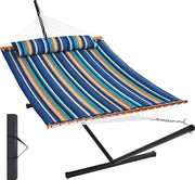 Hangmat - Voor 2-Persoons - met T-vormige Standaard - Draagvermogen 207 kg - Blauwe Cyaan Strepen - met Stalen Standaard van 3,5 meter en Draagbare Draagtas en Kussen - Hangmat voor Buiten - Terras - Tuin - 1,4 x 1,9 m