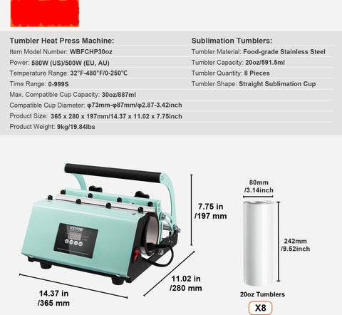 Tumbler Hittepers en -  Sublimatiemokken - RVS - Temperatuurbereik 0-250℃ - Met 8 Stuks - 20oz - Lege Mokken - Mokpers voor 11-30oz Tumblers - Met Warmteoverdrachtpapier - Handschoenen - 36,5 x 28 x 19,7 cm - Lichtgroen