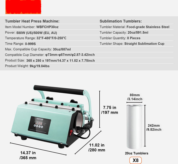 Tumbler Hittepers en -  Sublimatiemokken - RVS - Temperatuurbereik 0-250℃ - Met 8 Stuks - 20oz - Lege Mokken - Mokpers voor 11-30oz Tumblers - Met Warmteoverdrachtpapier - Handschoenen - 36,5 x 28 x 19,7 cm - Lichtgroen