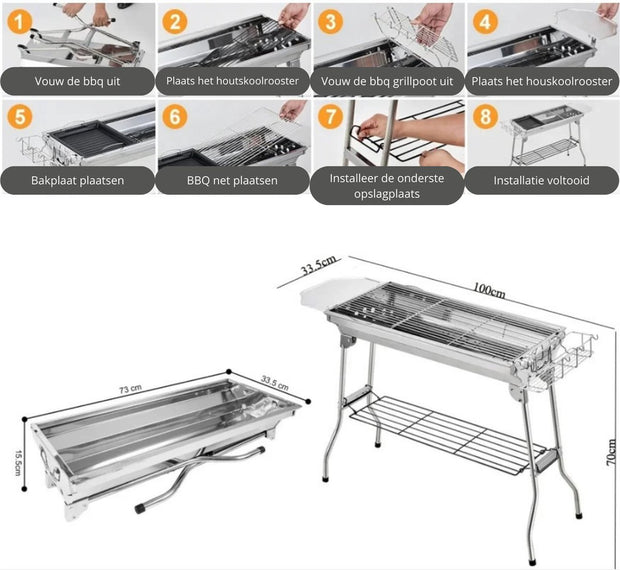Bbq Houtskool – Houtskoolbarbecues - Opvouwbaar - RVS - 73 x 33 x 72 cm - Inclusief BBQ-gereedschap - Draagbaar