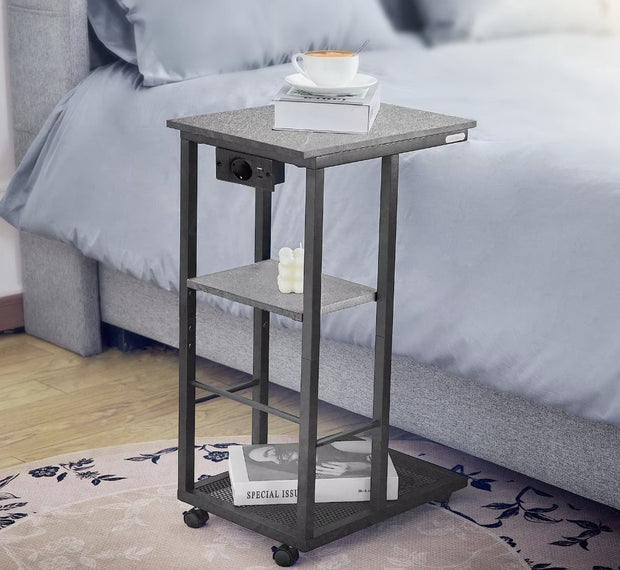 Sidetable - C-vorm eindtafel - Banktafel - Bijzettafel - Op wieltjes - Usb/Usb-c - Stopcontact - Grijs/Zwart