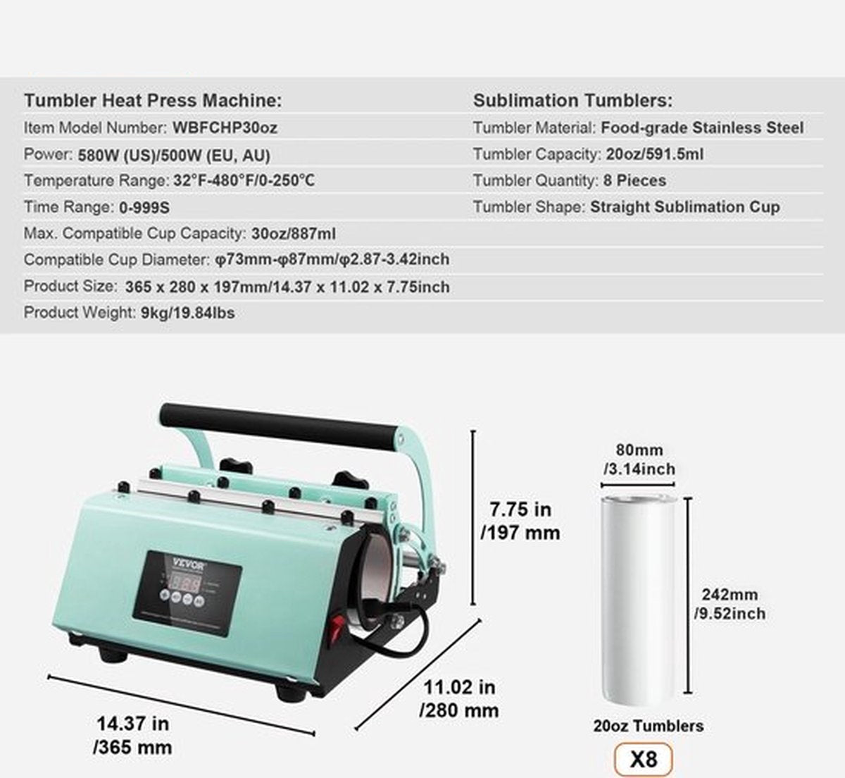 Warmte Persmachine/Sublimatie Machine - + Gratis 8X Tuimelaar bekers - Mok Pers - Cup Pers - Met handschoenen