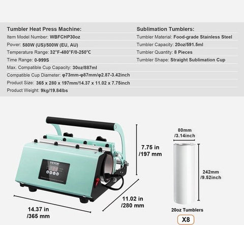 Warmte Persmachine/Sublimatie Machine - + Gratis 8X Tuimelaar bekers - Mok Pers - Cup Pers - Met handschoenen