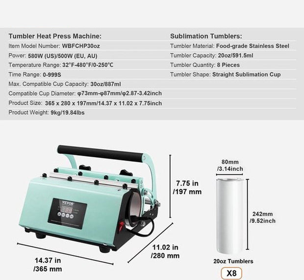 Warmte Persmachine/Sublimatie Machine - + Gratis 8X Tuimelaar bekers - Mok Pers - Cup Pers - Met handschoenen