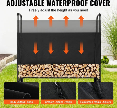 Firewood rack - Outdoor wood storage - Wood storage - With waterproof cover - 132x36x117cm