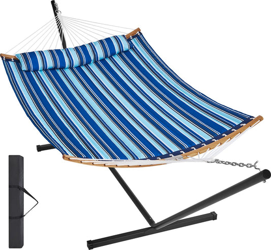 Dubbele Hangmat - met Gebogen Spreidstok - T-vormige Standaard - Draagbare Draagtas - Draagvermogen 200 kg - 2 Personen - Afneembaar Kussen - Blauwe en Witte Strepen