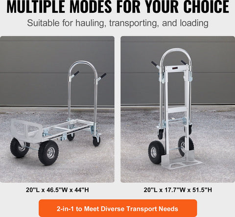 Steekwagen - Opvouwbaar - 2-in-1 - Corrosiebestendig en Roestbestendig - 360° - 318/454 kg - Remwielen Staan - voor Laad- en Transporttaken Binnen en Buiten - Zilver