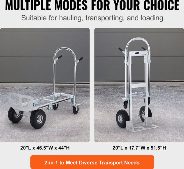 Steekwagen - Opvouwbaar - 2-in-1 - Corrosiebestendig en Roestbestendig - 360° - 318/454 kg - Remwielen Staan - voor Laad- en Transporttaken Binnen en Buiten - Zilver