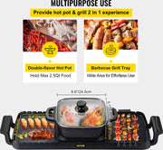 Elektrische BBQ - Pan Grill en Hot Pot - Krachtig 2400W - Draagbaar en Rookvrij - Afneembare Anti-aanbaklaag - BBQ - Gourmet - Grill - Kookgerei - Koken - Grillen