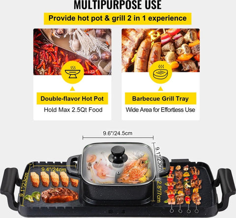 Gourmetstel - 2in1 - Electrische BBQ - Elektrische Grill - Hot Pot - Anti aanbak - 2400W Multifunctionele Thuis Draagbare - Barbecue Plaat