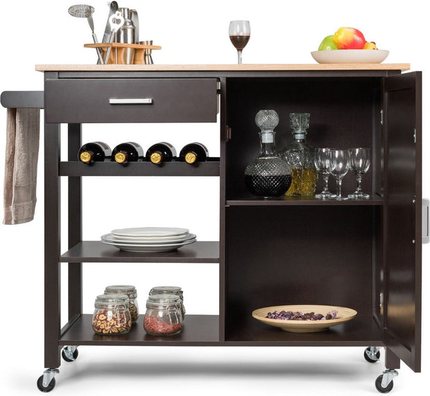 Keukeneiland - Verplaatsbaar - Keukenkast - Dressoir - Organizer - Kasten - Houten Werkblad - Lade - Zwart