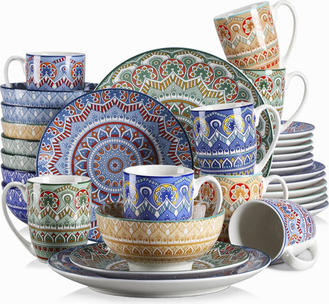 Serviesset - 32-delig - Bohemian Mandala Design - Turquoise Porselein - Diner,Dessertborden, Kommen & Mokken - Uniek & Stijlvol