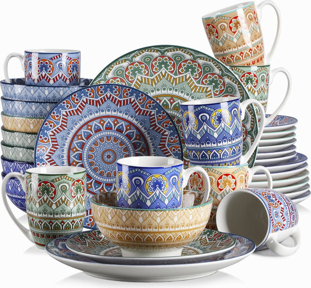 Serviesset - 32-delig - Bohemian Mandala Design - Turquoise Porselein - Diner,Dessertborden, Kommen & Mokken - Uniek & Stijlvol