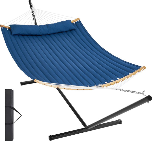 Hangmat - 2 Personen Dubbele - met Gebogen Spreidstok - T-vormige Standaard - Afneembaar Kussen en Draagbare Draagtas Draagvermogen 200 kg - 1,4x1,9m - Blauwe