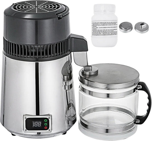 Waterdestilleerder – Waterfilter & Waterzuiveringsapparaat – 220V - 50Hz – Oververhittingsbeveiliging – 304 Roestvrij Staal & Borosilicaatglas – Zilver