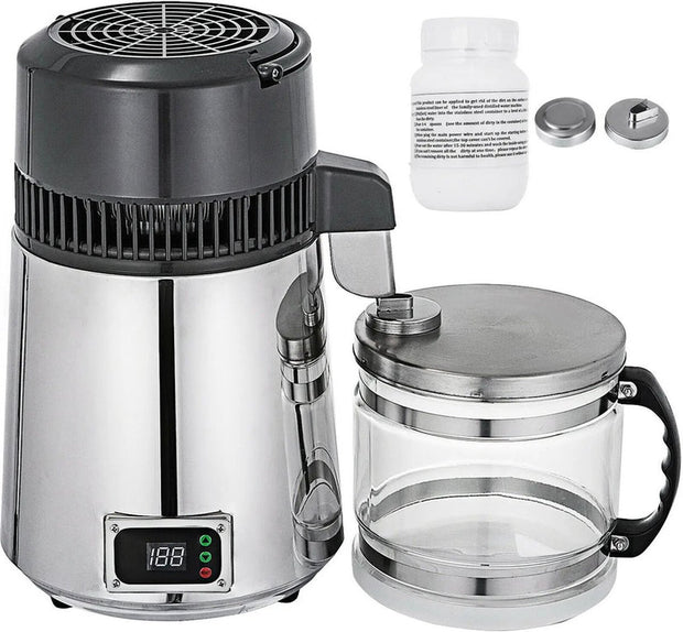 Waterdestilleerder – Waterfilter & Waterzuiveringsapparaat – 220V - 50Hz – Oververhittingsbeveiliging – 304 Roestvrij Staal & Borosilicaatglas – Zilver