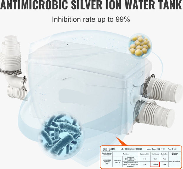 Afvalwaterpomp – 350W – 6000 L/U Debiet – 7M Opvoerhoogte – Hittebestendig en Antimicrobieel – Met 3 Waterinlaten voor Kelder - Keuken - Gootsteen - Douche en Badkuip