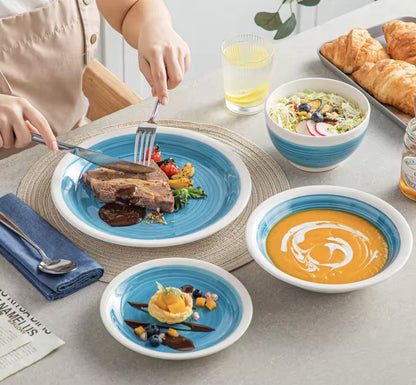 Serviesset Blauw/Wit - Keramisch - 4 borden groot - 4 borden klein - 4 diep bord - 4 kom - 16 delig - Blauw - Wit
