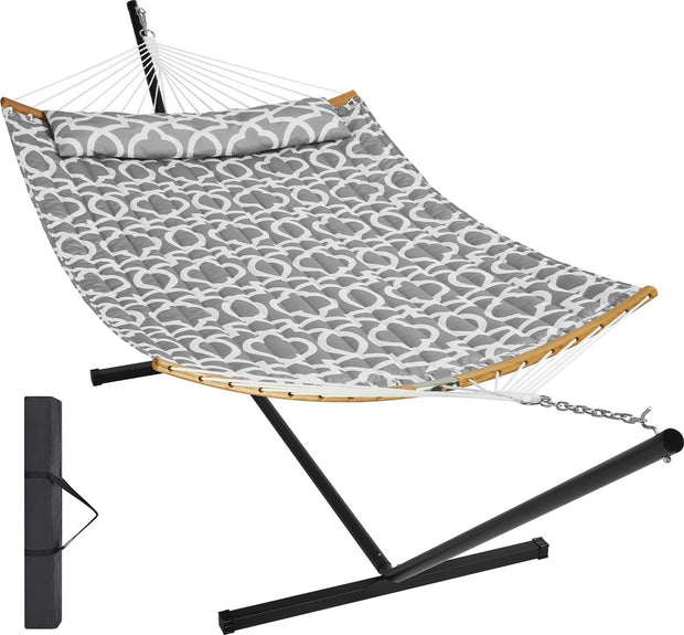 Hangmat - 2 Personen Dubbele - met Gebogen Spreidstok - met Opbergtas - Afneembaar Kussen en Draagbare Draagtas Draagvermogen 200 kg - Grijs en Wit Patroon - T-vormige Standaard - 1,4 x 1,9 m