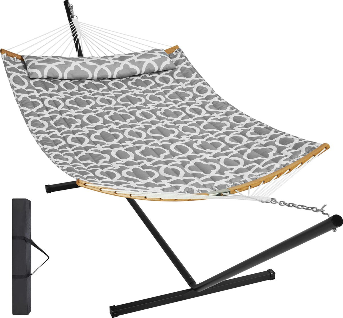 1,4 x 1,9m hangmat - 2 personen - dubbele hangmat met gebogen spreidstok - met opbergtas - verwijderbaar kussen en draagbare draagtas - 200 kg - grijs en wit - T-vormige standaard