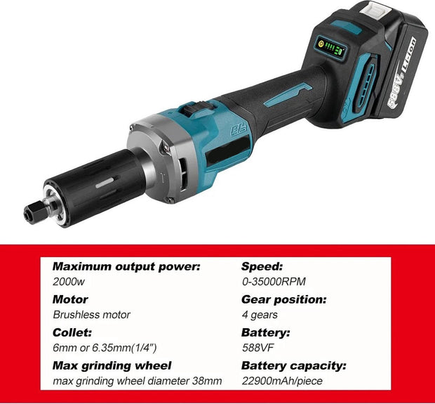 Elektrische Rechte Slijper - Graveer of Polijstmachine - Straight Grinder - 2 Accu's - Accu Lader - 4 Standen - 2000W - 18V
