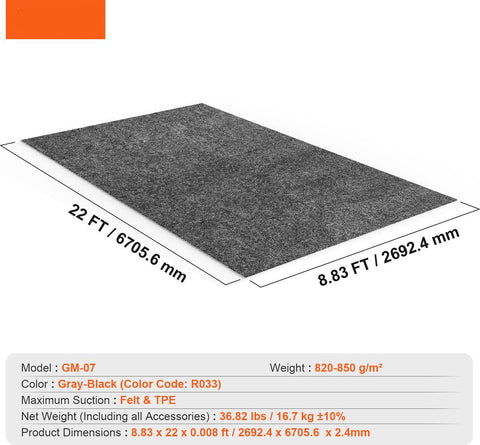 Garagevloermat - 2,7x 6,7m - Tapijtdikte 2.4 mm - Garagemat Servicemat - Materialen Vilt en TPE - De Matten Zijn Gemakkelijk Schoon te Maken - Vetbestendig en Herbruikbaar - Grijs-Zwart