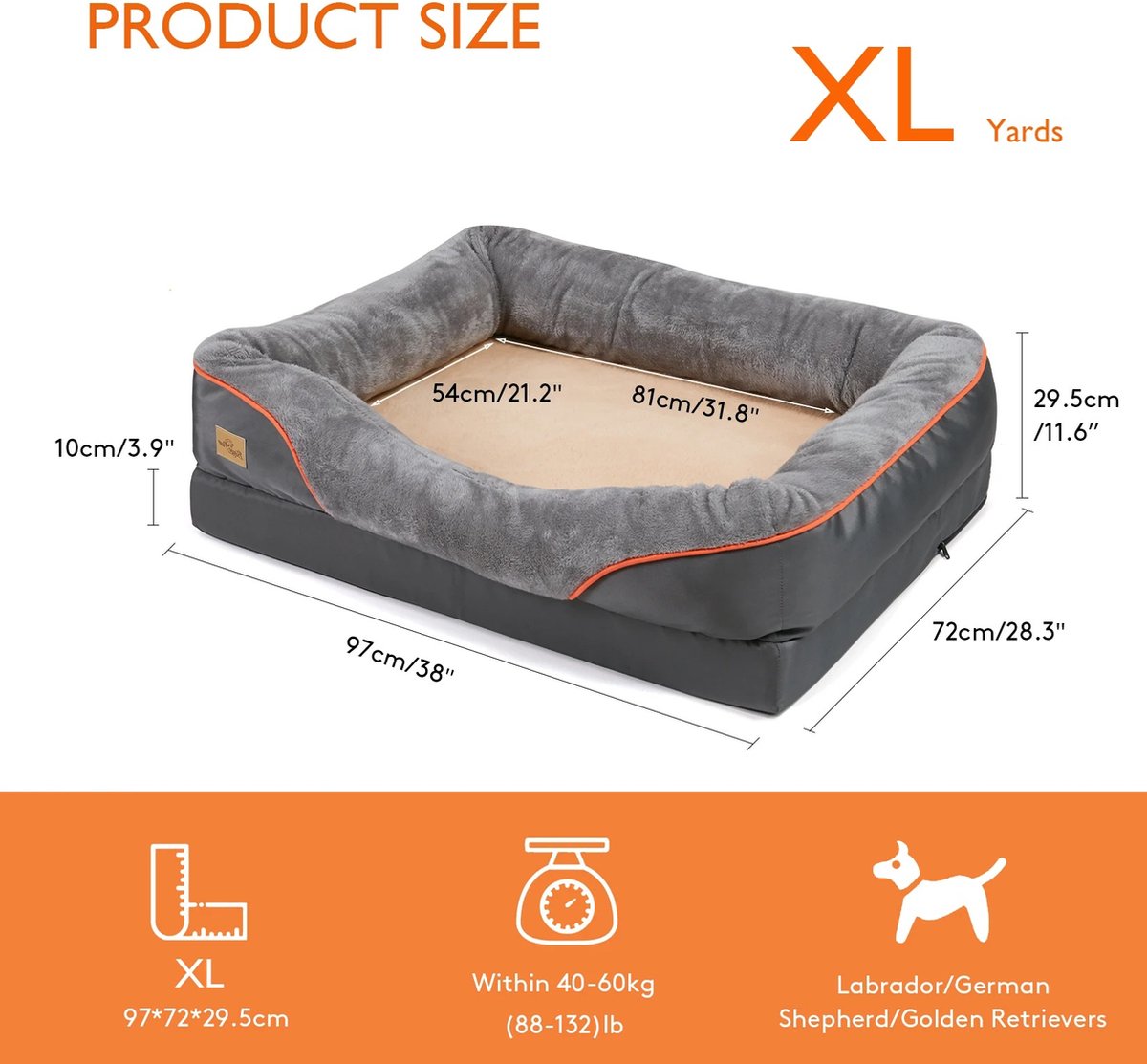 Hondenkussen XL - Orthopedisch Hondenbed - 97x72x29,5 cm - Premium Foam - Antislip Oxforddoek - Wasbaar - Waterdicht - Lounger - Grijs - QUORE