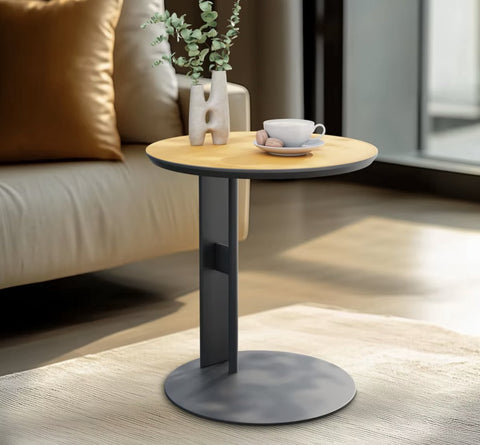 Luxe bijzettafel - Eindtafel - Koffietafel - Theetafel - Rond - Zadelleer - Metalen frame - 46cm - Zwart/Oranje