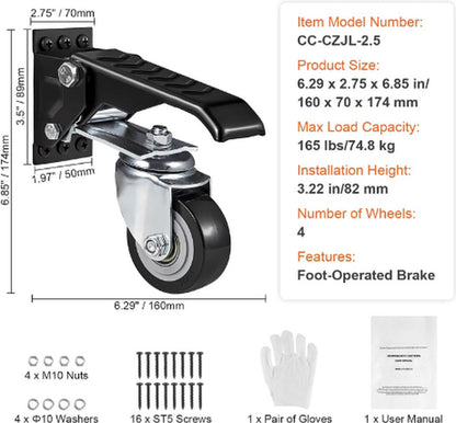 Zwenkwielen - Zware Toepassing- Geluidsarm - Set 4 Stuks - 75kg per Wiel - Dubbele Kogellagers - Inklapbaar - Rem - Industrieel
