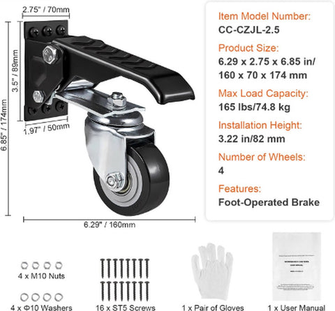 Zwenkwielen - Zware Toepassing- Geluidsarm - Set 4 Stuks - 75kg per Wiel - Dubbele Kogellagers - Inklapbaar - Rem - Industrieel