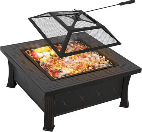 Vuurkorf Met Vonkbeschermer - Terrashaard - Buitenkachel - Vuurkorf Voor Buiten - Garden Fire Bowl - with Spark Protection - Grill Grate - 3-in-1 - Metal Fire Pit - 81cm - for Garden - BBQ - Outdoor - Camping - Picnic - Cooking - Zwart